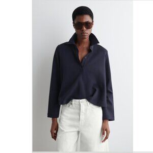 NWOT COS Navy Long Sleeve  FLARED COTTON-JERSEY POLO SHIRT, XS